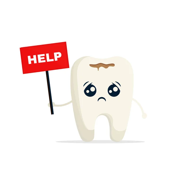 Cartoon Nemocný Zub Žádá Pomoc Izolované Bílém Pozadí Problém Zubem — Stockový vektor