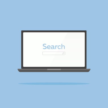 Laptop ekranındaki arama sayfası arka planda izole edildi. Arama çubuğu ve büyüteci olan bilgisayar simgesi. Boş web sitesi konseptli masaüstü şablonu. Vektör deposu
