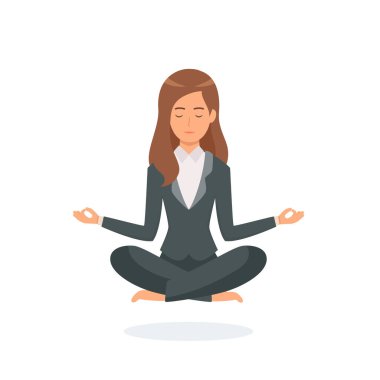 Beyaz arka planda meditasyon yapan bir iş kadını. Sakin iş kavramı. Ofiste çalışıyorum. Vektör deposu