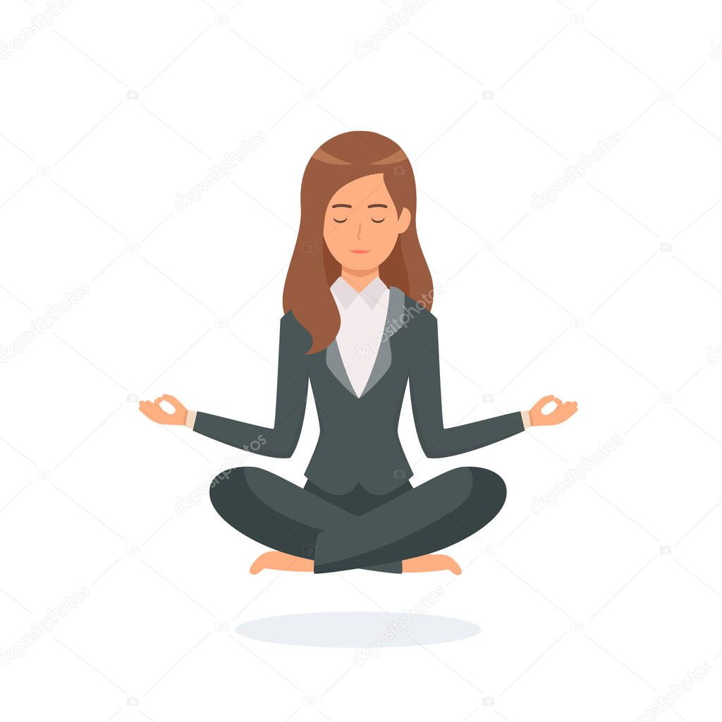 Business woman meditating isolated on white background. Concept of calm business. Work at office. Vector stock