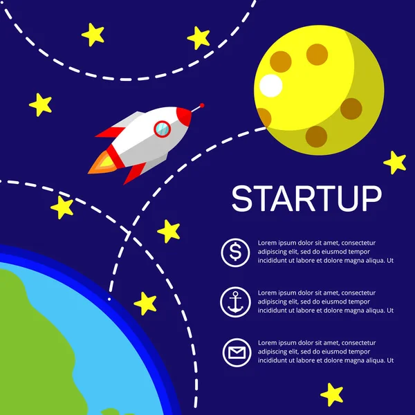 İş başlangıç, yeni bir proje. Düz tasarım stili modern vektör çizim. Dünya'dan Ay'a uçmak roket