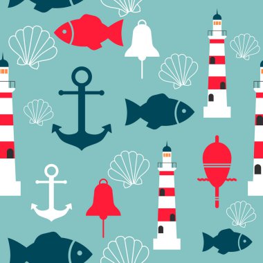 Deniz unsurları ile vektör seamless modeli: fenerler, çapa, balık, deniz hayvanı kabuğu. Web sayfası arka plan duvar kağıtları için kullanılabilir.