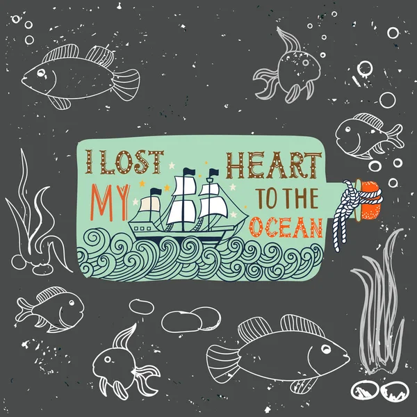 Bir şişe içinde gemi ile çizilmiş vintage etiket el ve el yazı. Bu resimde bir Yazdır T-shirt ve çanta olarak kullanılabilir.