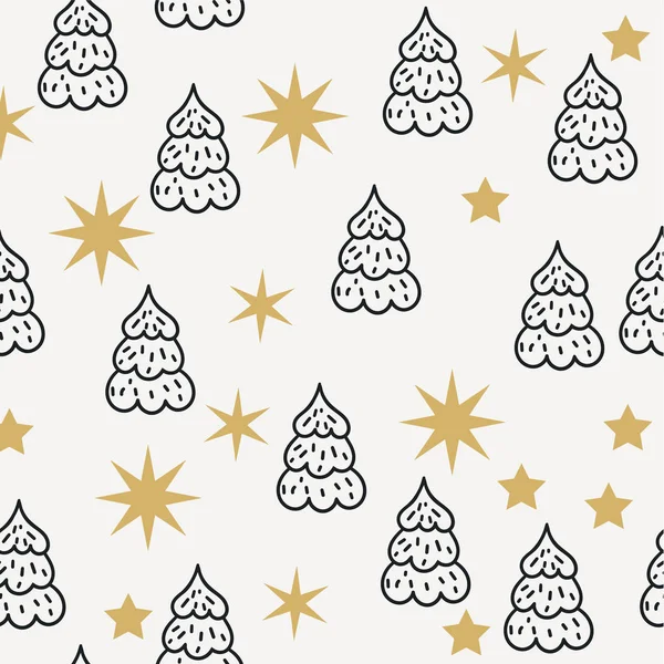 Feliz Natal e Feliz Ano Novo fundo sem costura com símbolos tradicionais: estrelas e árvore de Natal — Vetor de Stock
