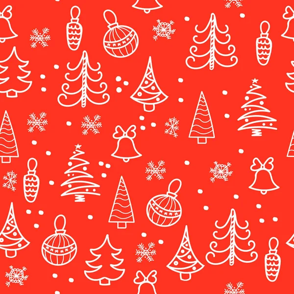 Padrão de Natal sem costura. Árvore de Natal, decorações, sinos — Vetor de Stock