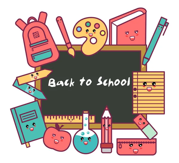 Okula dönüş. Okul renkli çizgi film poster blackboard ile sırt ve okul gereçleri. Kawaii vektör çizim