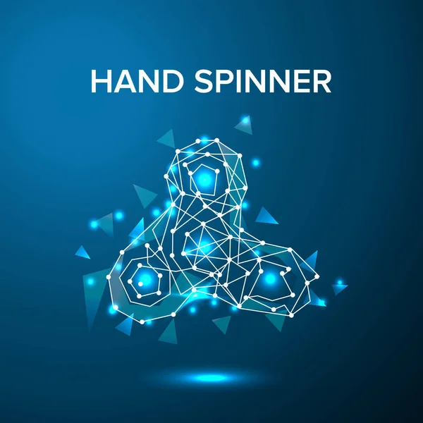 Baixo poli mão spinner .Toy fidget passatempo anti-stress. Estilo de tecnologia futuro triângulo poligonal pontos conectados. Azul brilho cor fundo vetor ícone ilustração —  Vetores de Stock