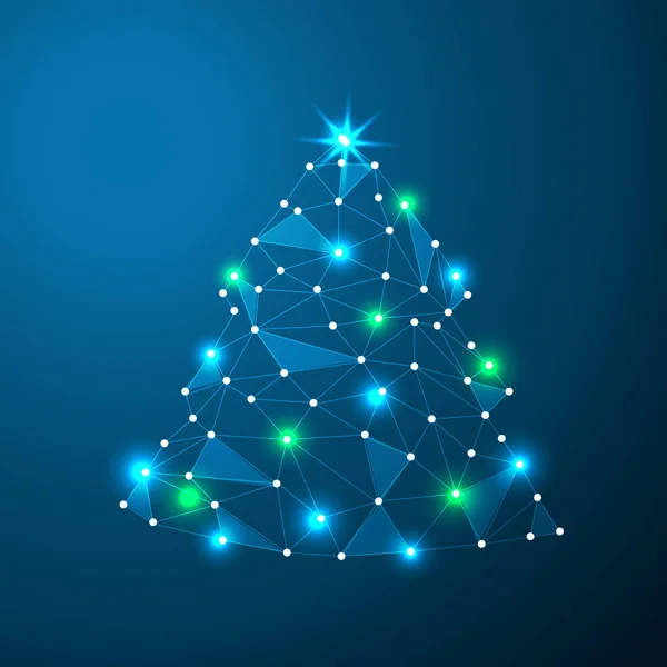 Tarjeta de navidad vectorial con árbol de navidad abstracto hecho de líneas de luz y puntos de arte poli baja — Vector de stock