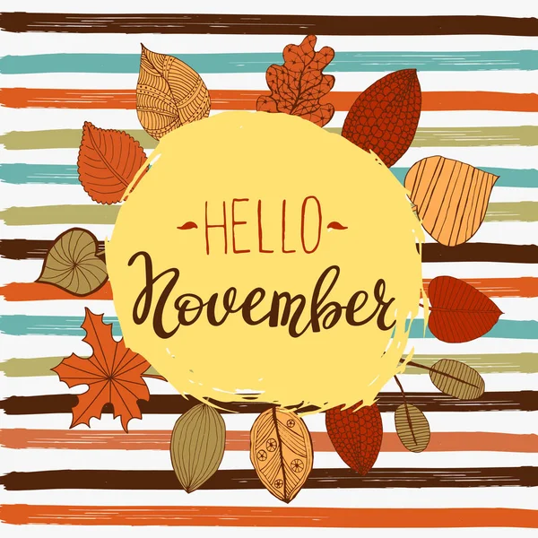 Kasım sonbahar flyer şablonu yazı ile Merhaba. Parlak yaprakları düşer. Poster, kart, etiket, banner tasarımı. Vektör çizim Eps10