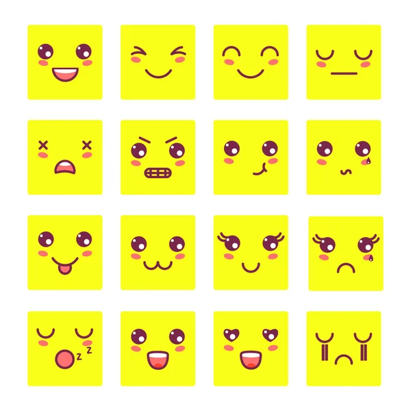 Kawaii visages mignons, émoticônes Kawaii, adorables icônes de personnages design — Image vectorielle