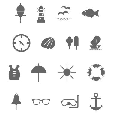 Yaz deniz seyahat için gri vektör simge kümesi