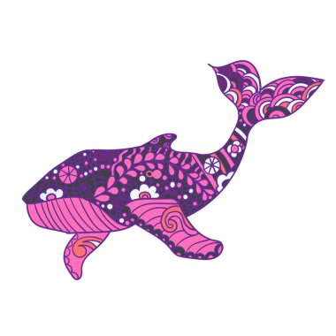 Balina, vektör zentangle baskı, Yetişkin renklendirme sayfa. El sanatsal, dekoratif desenli balina resimde çekilmiş. Deniz hayvan koleksiyonu, t-shirt tasarım.