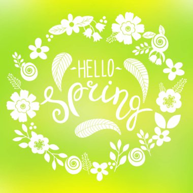 Bahar yazı tebrik kartı Merhaba. Elle çizilmiş çizim çiçek çelenk ve yazı ile