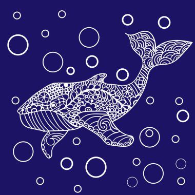 Balina, vektör zentangle baskı, Yetişkin renklendirme sayfa. El sanatsal, dekoratif desenli balina resimde çekilmiş. Deniz hayvan koleksiyonu, t-shirt tasarım.