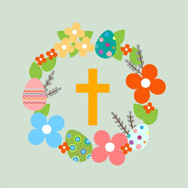Ghirlanda pasquale con uova di Pasqua, fiori, croce. eps10 — Vettoriale Stock