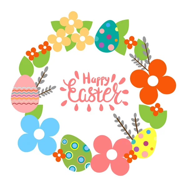 Paskalya çelenk ile Paskalya yumurtaları, çiçekler, mutlu Paskalya yazı