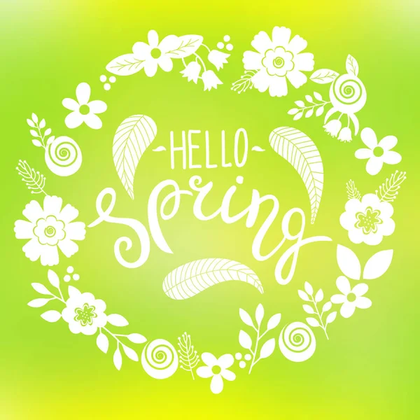 Powitanie wiosny napis z życzeniami. Ilustracja z Wieniec kwiatów i napis — Zdjęcie stockowe
