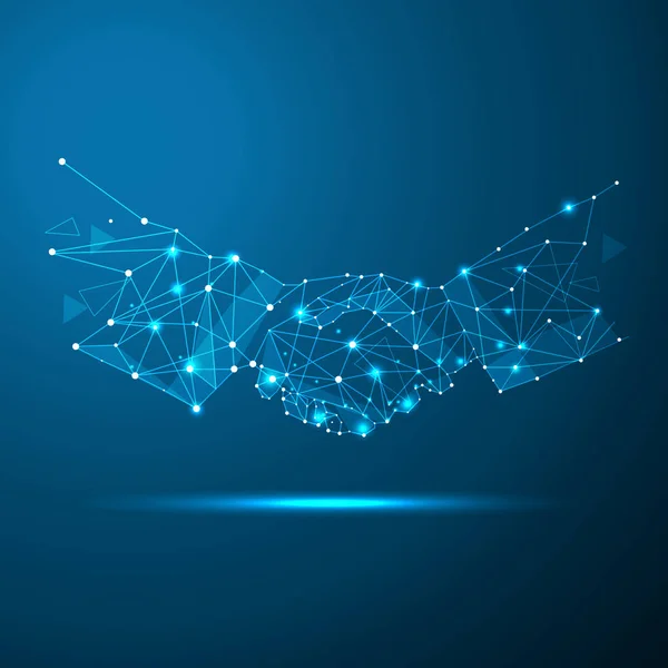 Soyut resim el sıkışma şeklinde noktalar, çizgiler ve şekiller gezegenler, yıldızlar ve evren vektör iş tel kafes kavramı şeklinde oluşan bir yıldızlı gökyüzü veya alan,