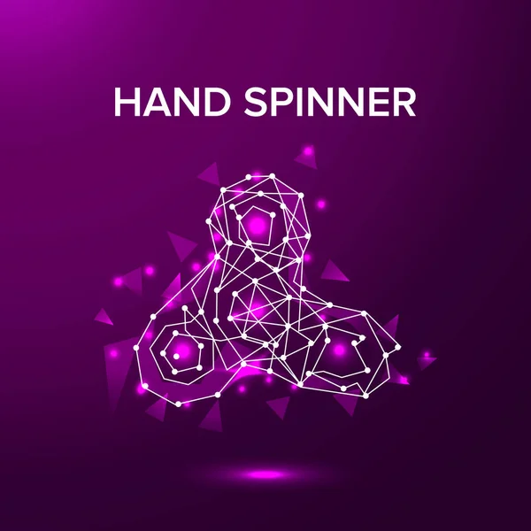 Baixo poli mão spinner .Toy fidget passatempo anti-stress. Estilo de tecnologia futuro triângulo poligonal pontos conectados. Azul brilho cor fundo vetor ícone ilustração —  Vetores de Stock