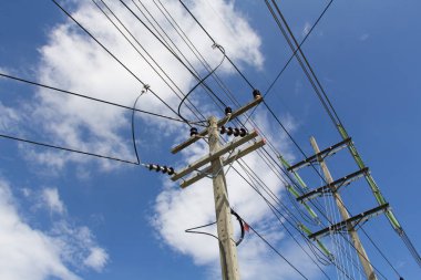 Elektrik direği bağlanmak için yüksek gerilim elektrik telleri mavi gökyüzü arka plan üzerinde.