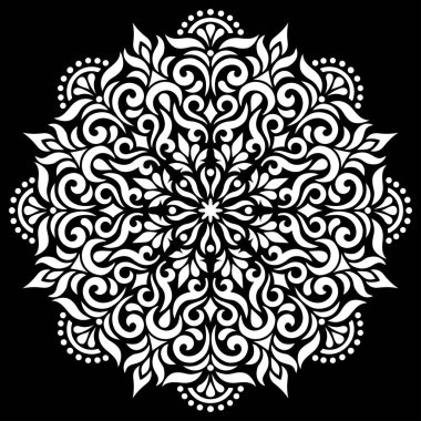 Siyah şablon karalamalarda beyaz mandala deseni iyi bir ruh hali çizer