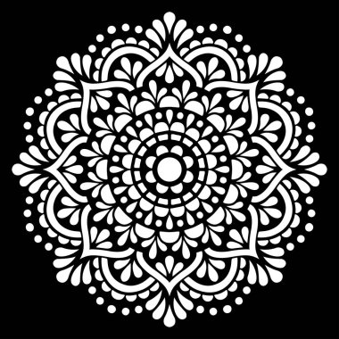 Siyah şablon karalamalarda beyaz mandala deseni iyi bir ruh hali çizer