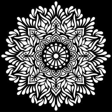 Siyah şablon karalamalarda beyaz mandala deseni iyi bir ruh hali çizer