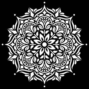 Siyah şablon karalamalarda beyaz mandala deseni iyi bir ruh hali çizer