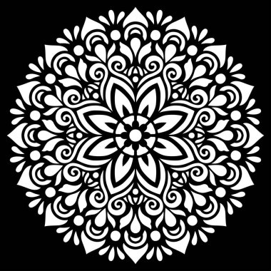 Siyah şablon karalamalarda beyaz mandala deseni iyi bir ruh hali çizer