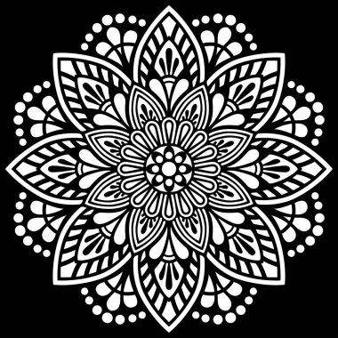 Siyah şablon karalamalarda beyaz mandala deseni iyi bir ruh hali çizer
