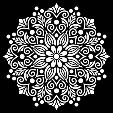 Siyah şablon karalamalarda beyaz mandala deseni iyi bir ruh hali çizer