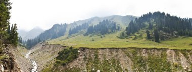 Kazakistan, Almaty dağlarda. Şimbulak (Çimbulak) bir kayak merkezi yaz aylarında. Panoramik görünüm.