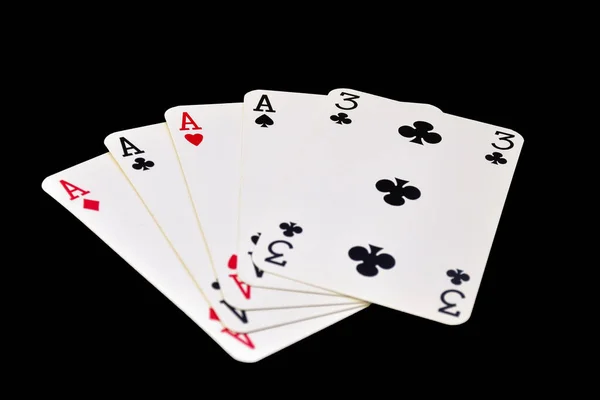 Die Kombination Von Karten Poker Auf Schwarzem Hintergrund Four Kind — Stockfoto