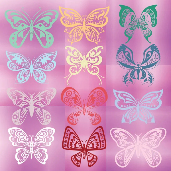 Conjunto de mariposas aisladas sobre fondo violeta colorido — Vector de stock