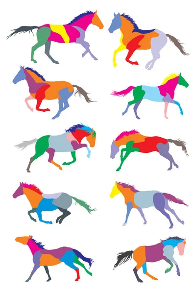 Ensemble de chevaux vecteurs silouettes colorées — Image vectorielle