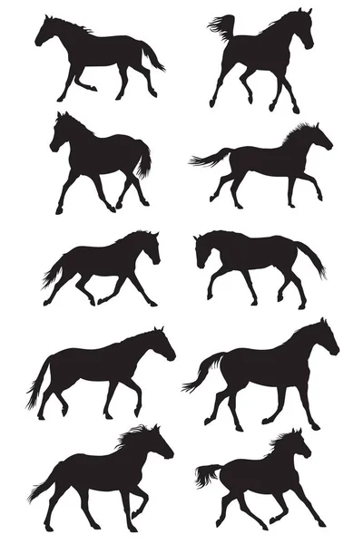 Set van vector zwarte dravende paarden silouettes — Stockvector