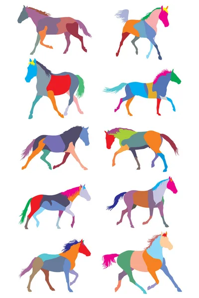 Set of vector colorful trotting horses silouettes — Stock Vector