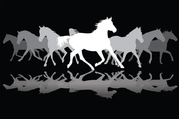 White Trotting horses silhouette on black background — Stock Vector