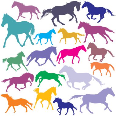 Big Set vector colorful trotting and galloping horses silhouette clipart