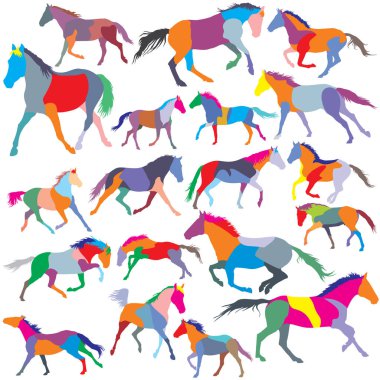 Set of vector colorful trotting and galloping horses silhouettes clipart