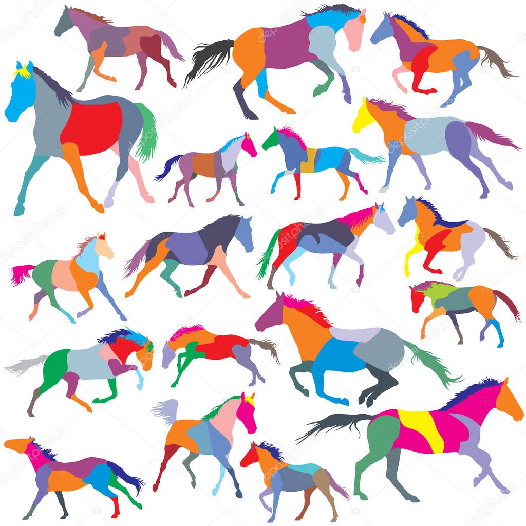Set of vector colorful trotting and galloping horses silhouettes