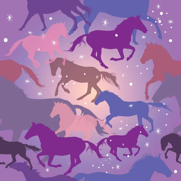 Seamless vector pattern with horses on purple background — Stock Vector