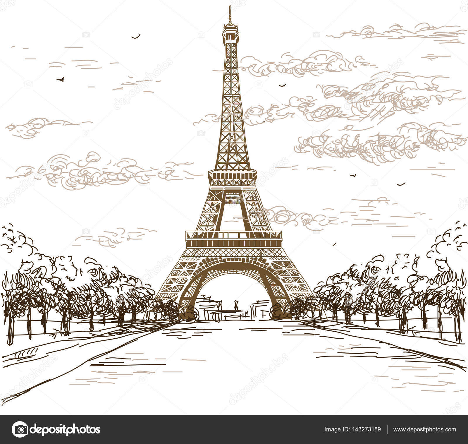 Paesaggio con la Torre Eiffel nei colori bianco e nero su fondo grigio illustrazione disegno a mano — Vettoriali di Alinart
