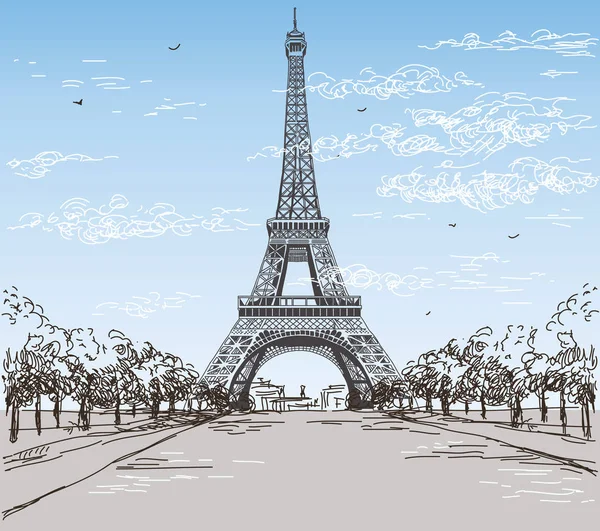 Paisaje con torre Eiffel en colores blanco y negro sobre azul a — Archivo Imágenes Vectoriales