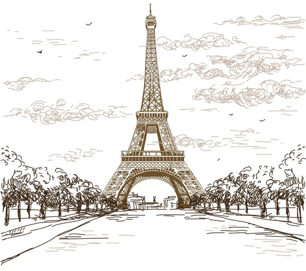 Landschap met de toren van Eiffel in bruin kleuren op witte achtergrond — Stockvector