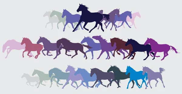 Conjunto de vectores coloridos caballos corriendo siluetas — Vector de stock