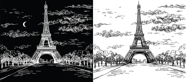 흑인과 백인 열에 에펠 탑으로 밤과 낮 풍경 — 스톡 벡터