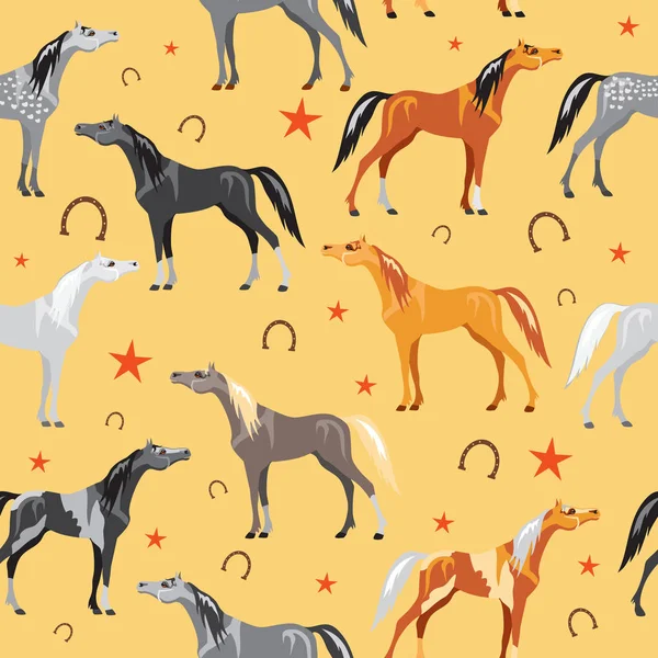 Seamless pattern with colorful horses on yellow background — Stock Vector