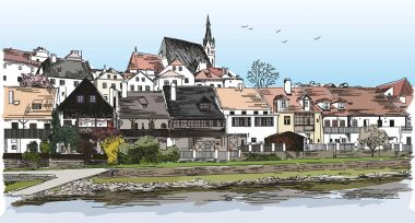 Colored panoramic view of Cesky Krumlov clipart