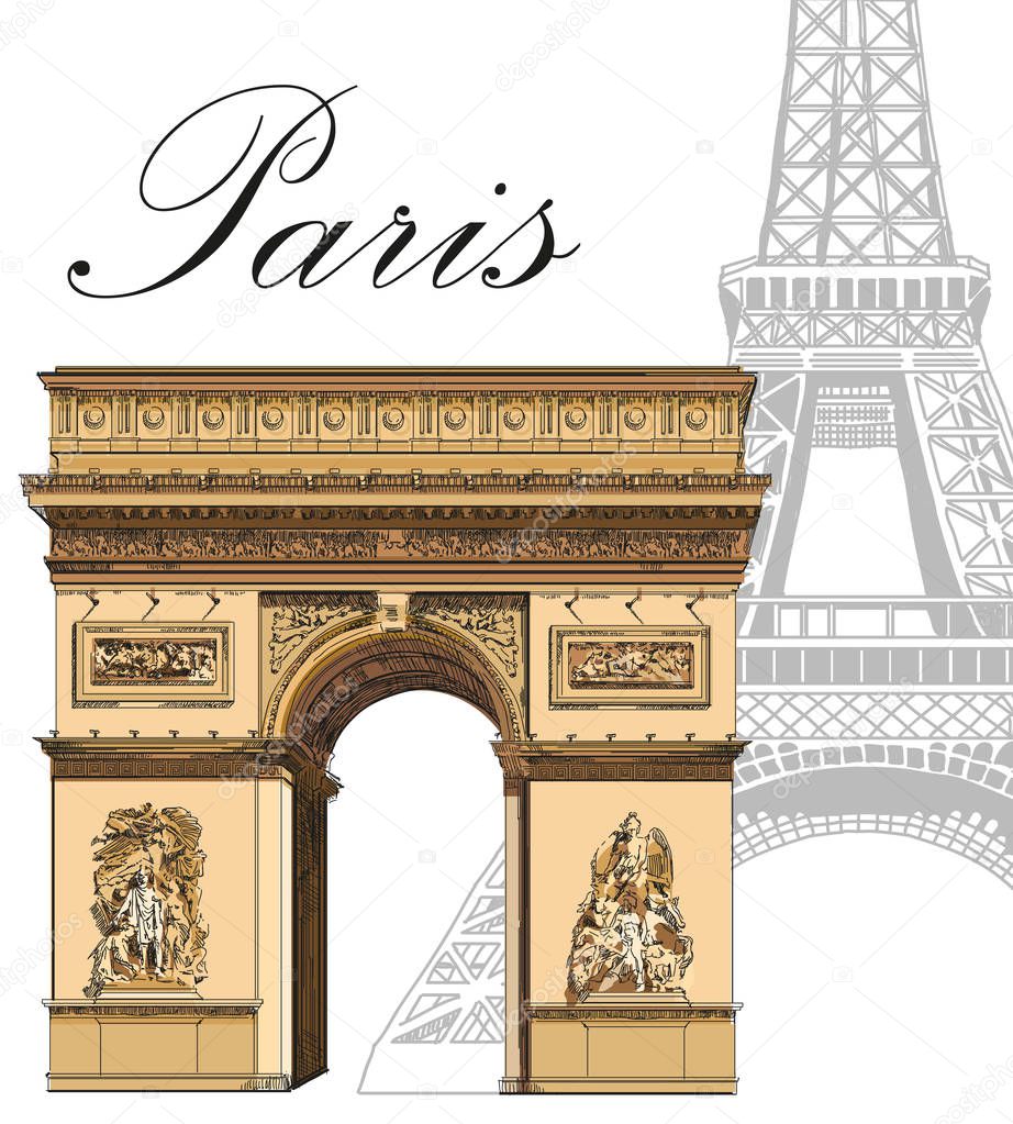 Vector colored Triumphal Arch with Eiffel tower